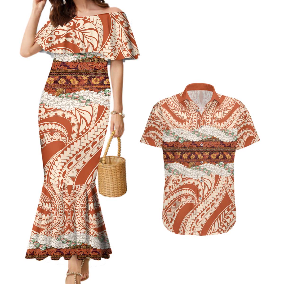 Aloha Hawaii Mikioi Lei Couples Matching Mermaid Dress and Hawaiian Shirt Beige Tropical Flower Pattern - Polynesian Pride