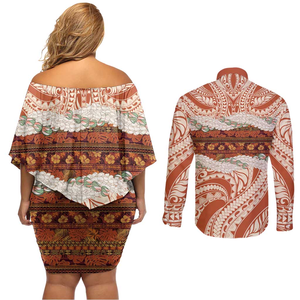 Aloha Hawaii Mikioi Lei Couples Matching Off Shoulder Short Dress and Long Sleeve Button Shirt Beige Tropical Flower Pattern - Polynesian Pride