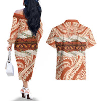 Aloha Hawaii Mikioi Lei Couples Matching Off The Shoulder Long Sleeve Dress and Hawaiian Shirt Beige Tropical Flower Pattern - Polynesian Pride