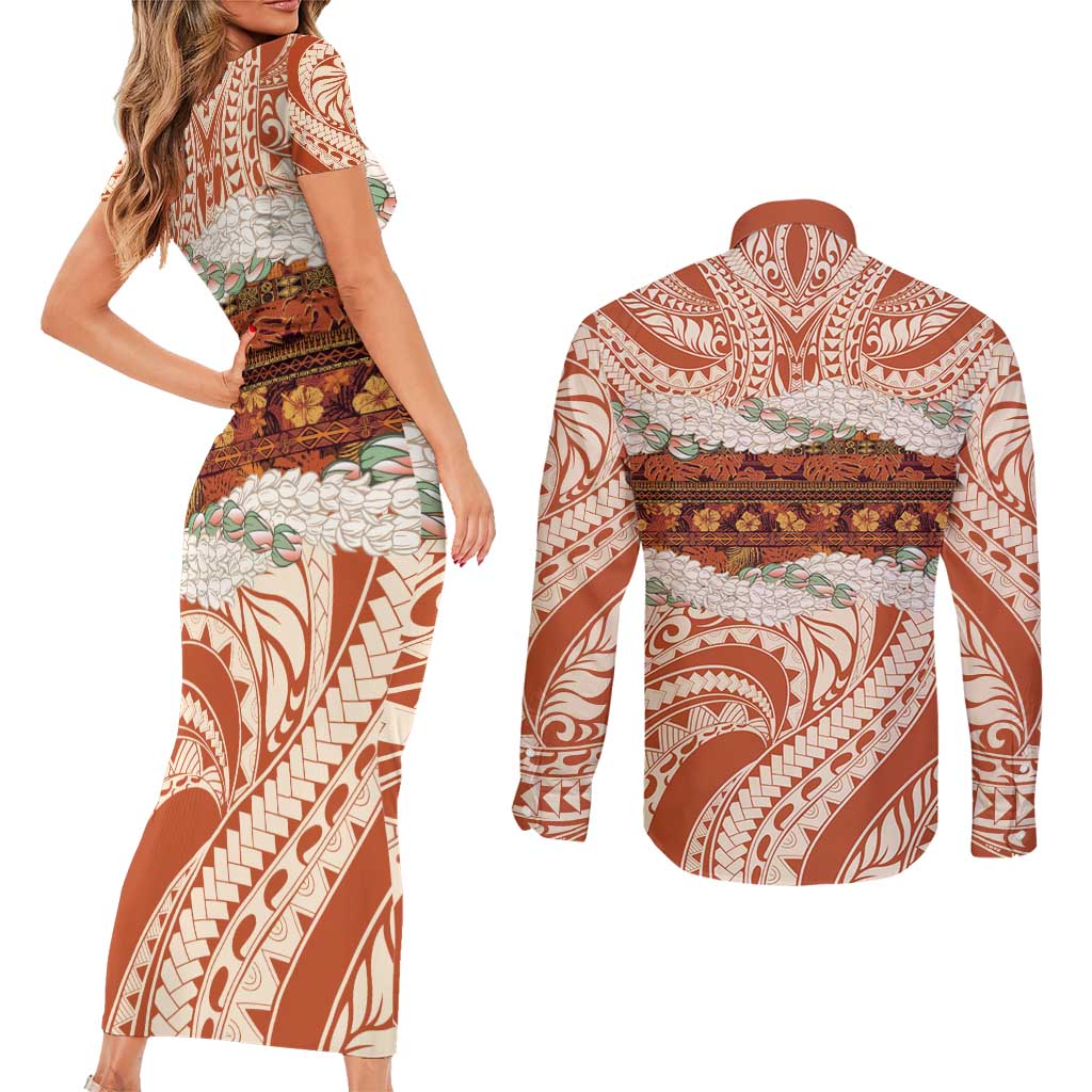 Aloha Hawaii Mikioi Lei Couples Matching Short Sleeve Bodycon Dress and Long Sleeve Button Shirt Beige Tropical Flower Pattern - Polynesian Pride