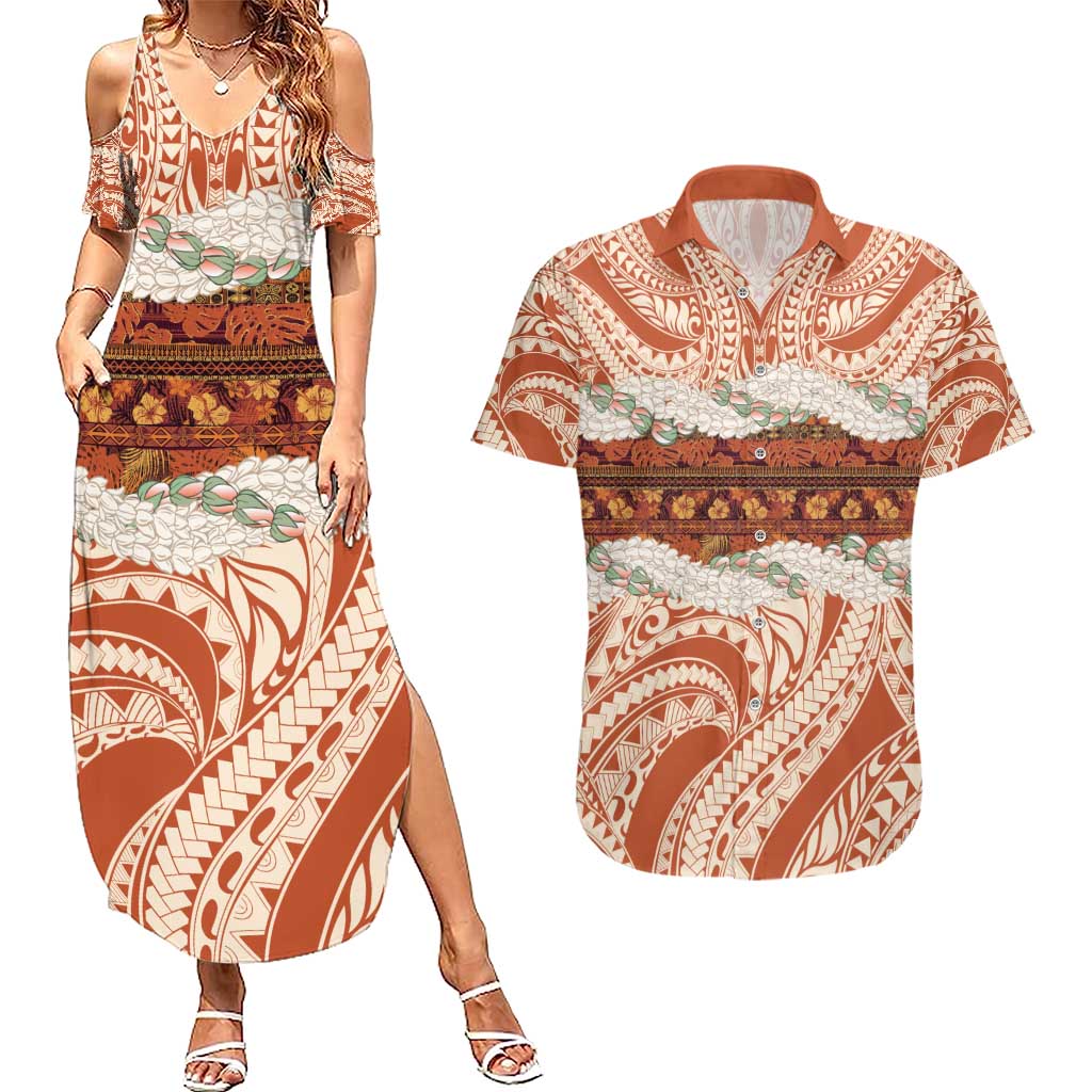 Aloha Hawaii Mikioi Lei Couples Matching Summer Maxi Dress and Hawaiian Shirt Beige Tropical Flower Pattern - Polynesian Pride