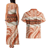 Aloha Hawaii Mikioi Lei Couples Matching Tank Maxi Dress and Hawaiian Shirt Beige Tropical Flower Pattern - Polynesian Pride