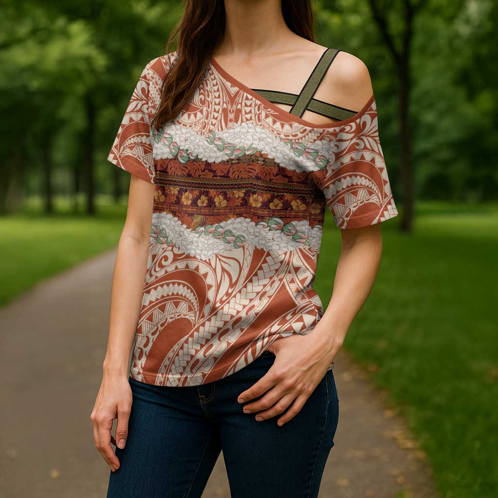 Aloha Hawaii Mikioi Lei Cross Shoulder Shirt Beige Tropical Flower Pattern - Polynesian Pride