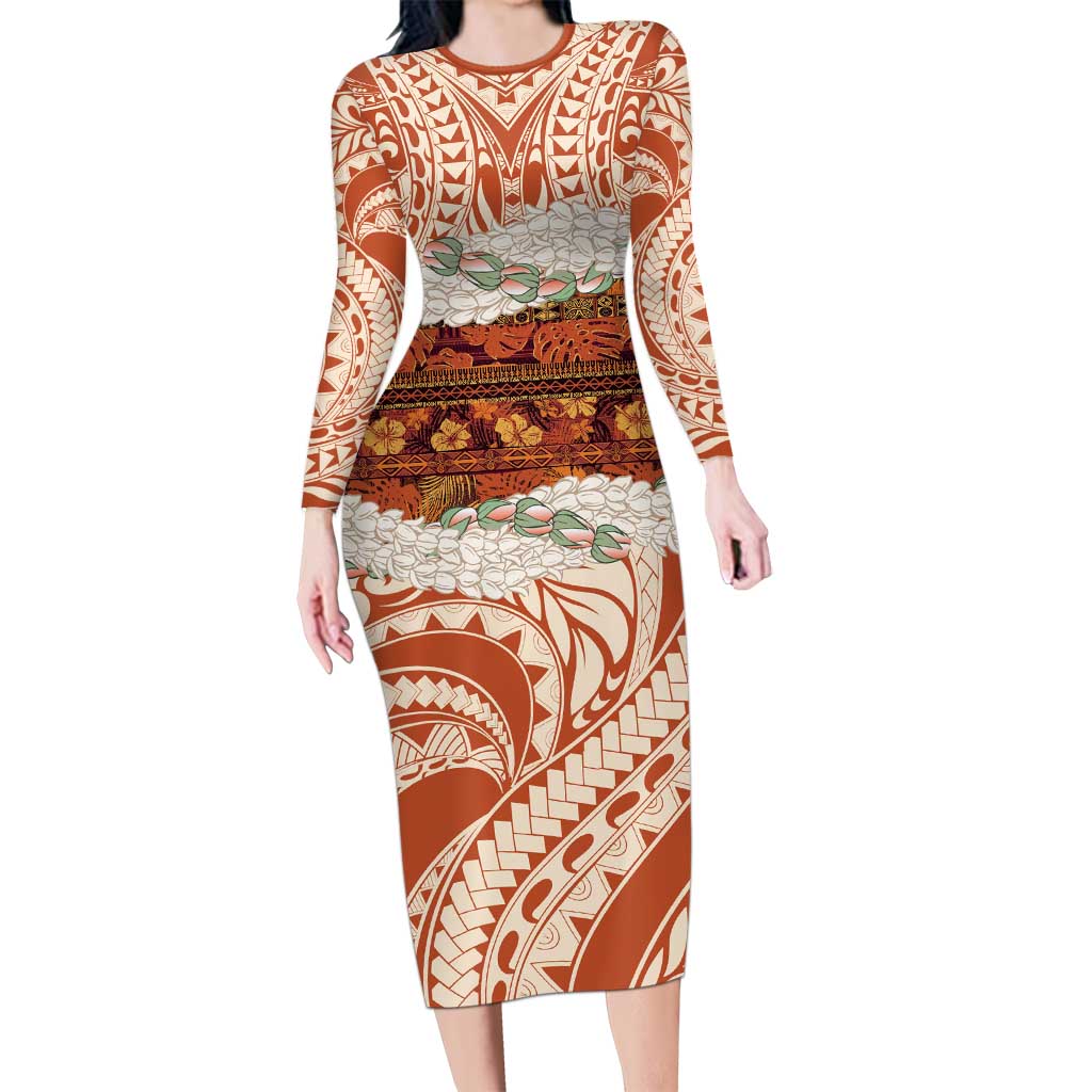 Aloha Hawaii Mikioi Lei Family Matching Long Sleeve Bodycon Dress and Hawaiian Shirt Beige Tropical Flower Pattern - Polynesian Pride
