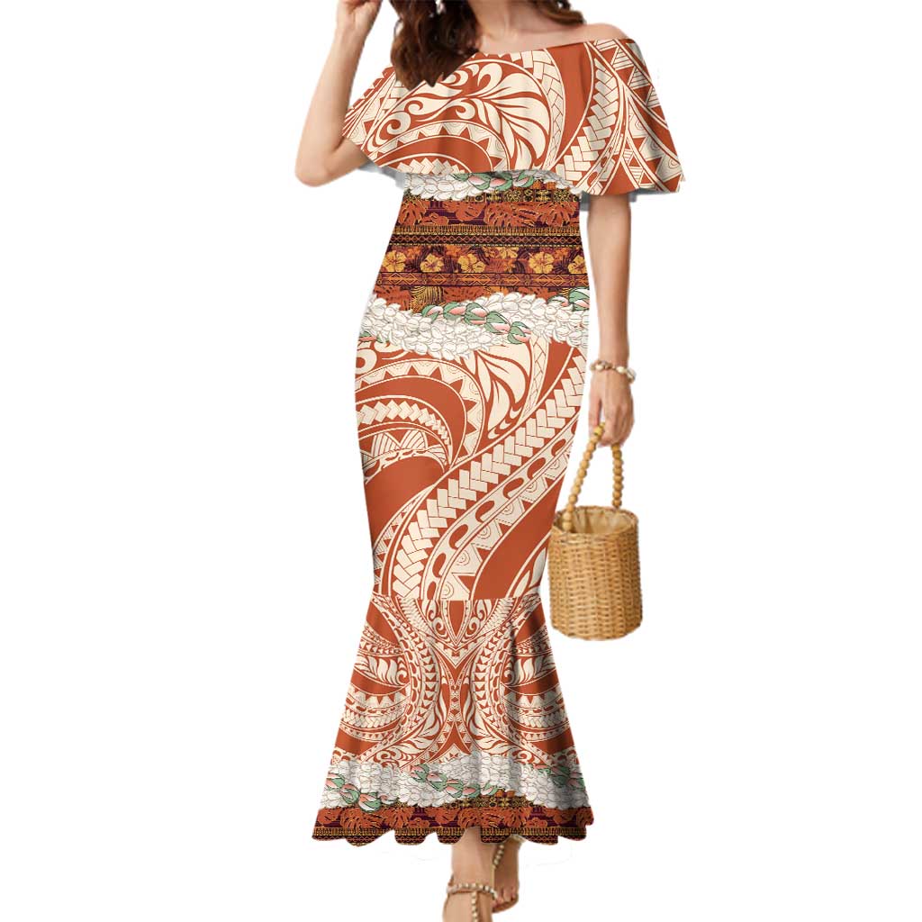 Aloha Hawaii Mikioi Lei Family Matching Mermaid Dress and Hawaiian Shirt Beige Tropical Flower Pattern - Polynesian Pride