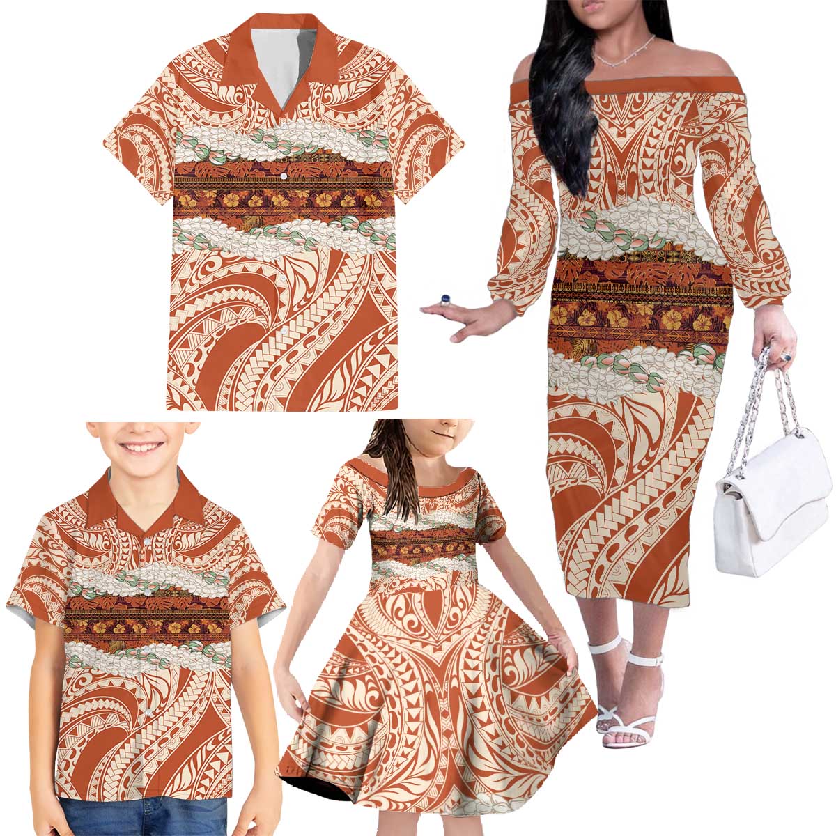 Aloha Hawaii Mikioi Lei Family Matching Off The Shoulder Long Sleeve Dress and Hawaiian Shirt Beige Tropical Flower Pattern - Polynesian Pride