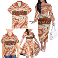 Aloha Hawaii Mikioi Lei Family Matching Off The Shoulder Long Sleeve Dress and Hawaiian Shirt Beige Tropical Flower Pattern - Polynesian Pride