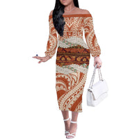 Aloha Hawaii Mikioi Lei Family Matching Off The Shoulder Long Sleeve Dress and Hawaiian Shirt Beige Tropical Flower Pattern - Polynesian Pride