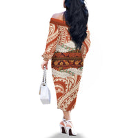 Aloha Hawaii Mikioi Lei Family Matching Off The Shoulder Long Sleeve Dress and Hawaiian Shirt Beige Tropical Flower Pattern - Polynesian Pride