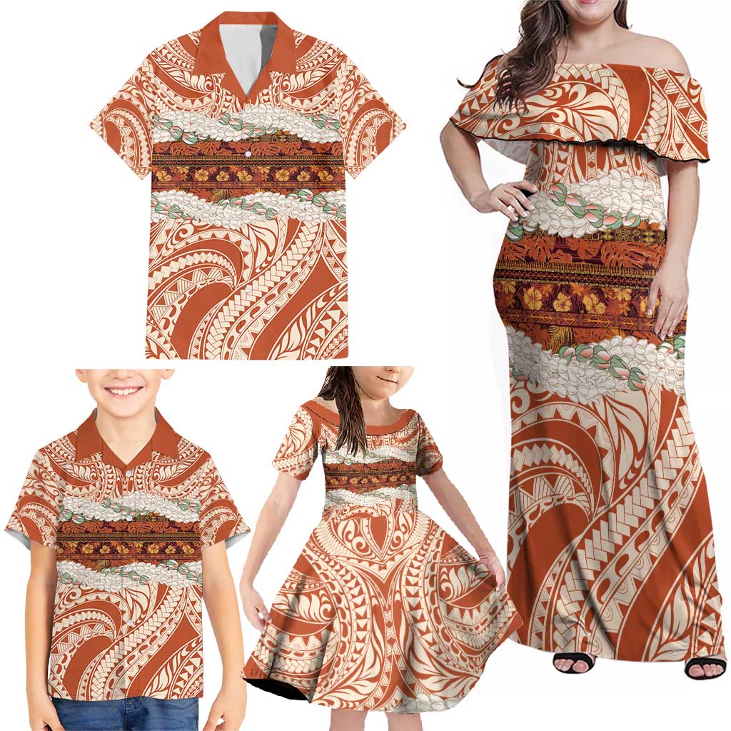 Aloha Hawaii Mikioi Lei Family Matching Off Shoulder Maxi Dress and Hawaiian Shirt Beige Tropical Flower Pattern - Polynesian Pride