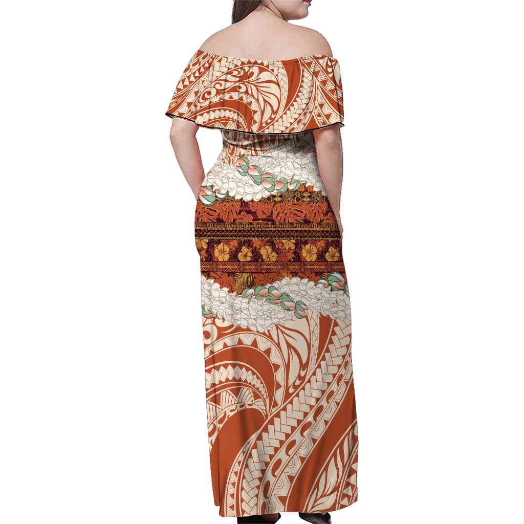 Aloha Hawaii Mikioi Lei Family Matching Off Shoulder Maxi Dress and Hawaiian Shirt Beige Tropical Flower Pattern - Polynesian Pride