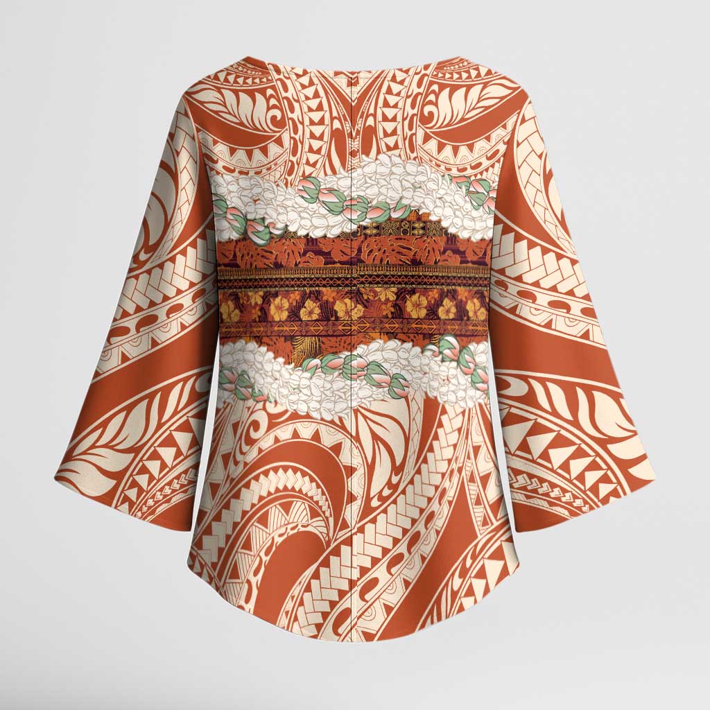 Aloha Hawaii Mikioi Lei Kimono Sleeve Blouse Beige Tropical Flower Pattern - Polynesian Pride