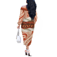 Aloha Hawaii Mikioi Lei Off The Shoulder Long Sleeve Dress Beige Tropical Flower Pattern - Polynesian Pride