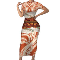 Aloha Hawaii Mikioi Lei Short Sleeve Bodycon Dress Beige Tropical Flower Pattern - Polynesian Pride