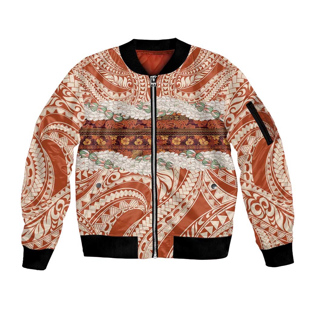 Aloha Hawaii Mikioi Lei Sleeve Zip Bomber Jacket Beige Tropical Flower Pattern - Polynesian Pride