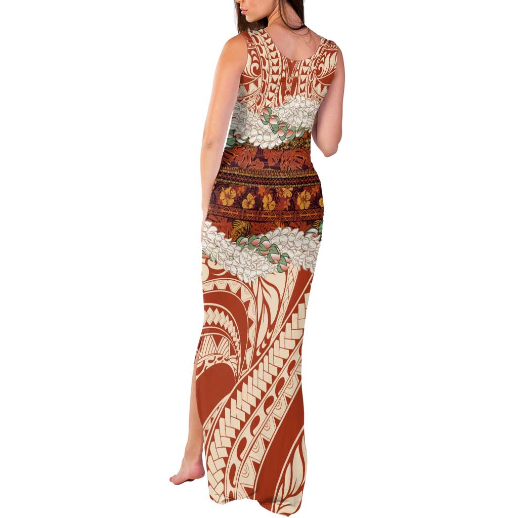 Aloha Hawaii Mikioi Lei Tank Maxi Dress Beige Tropical Flower Pattern - Polynesian Pride