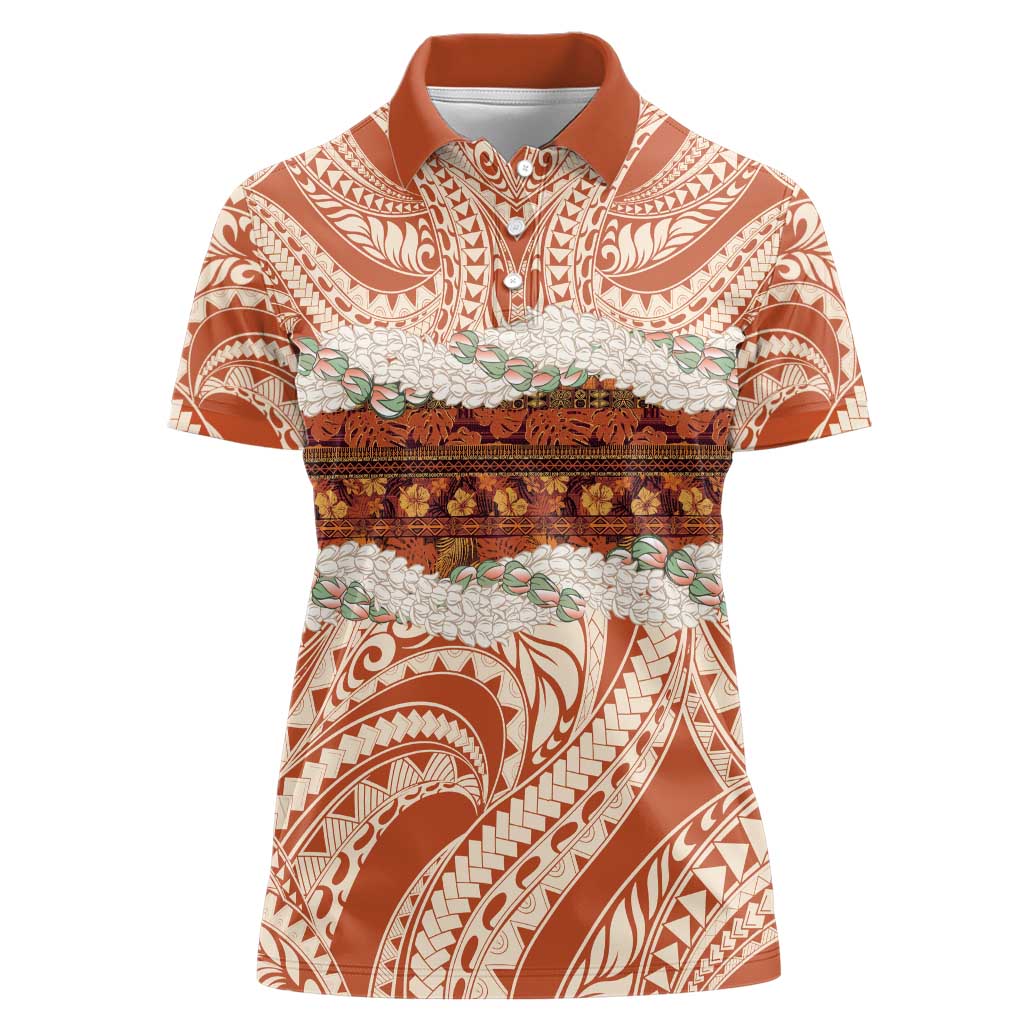 Aloha Hawaii Mikioi Lei Women Polo Shirt Beige Tropical Flower Pattern - Polynesian Pride
