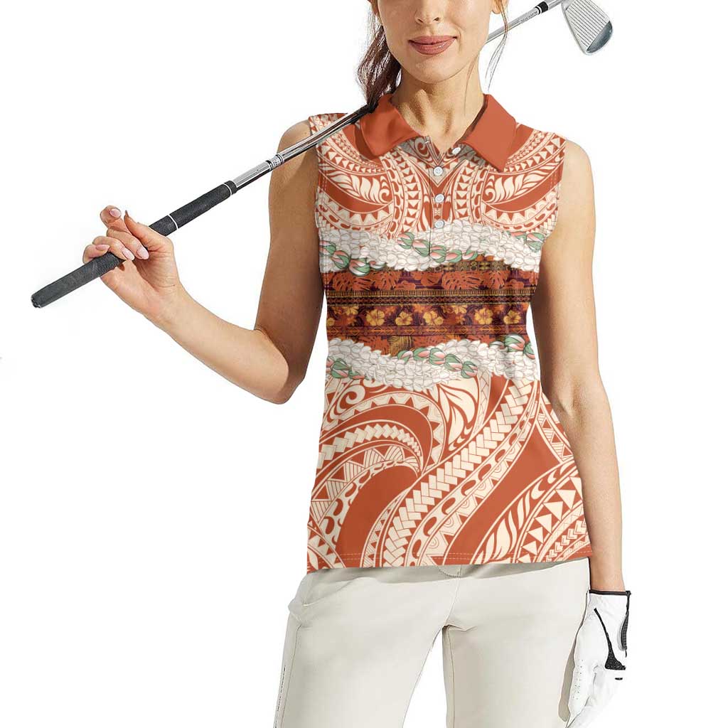 Aloha Hawaii Mikioi Lei Women Sleeveless Polo Shirt Beige Tropical Flower Pattern - Polynesian Pride