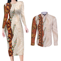 Aloha Hawaii Mikioi Lei Couples Matching Long Sleeve Bodycon Dress and Long Sleeve Button Shirt Cattail Red Tropical Flower Pattern - Polynesian Pride