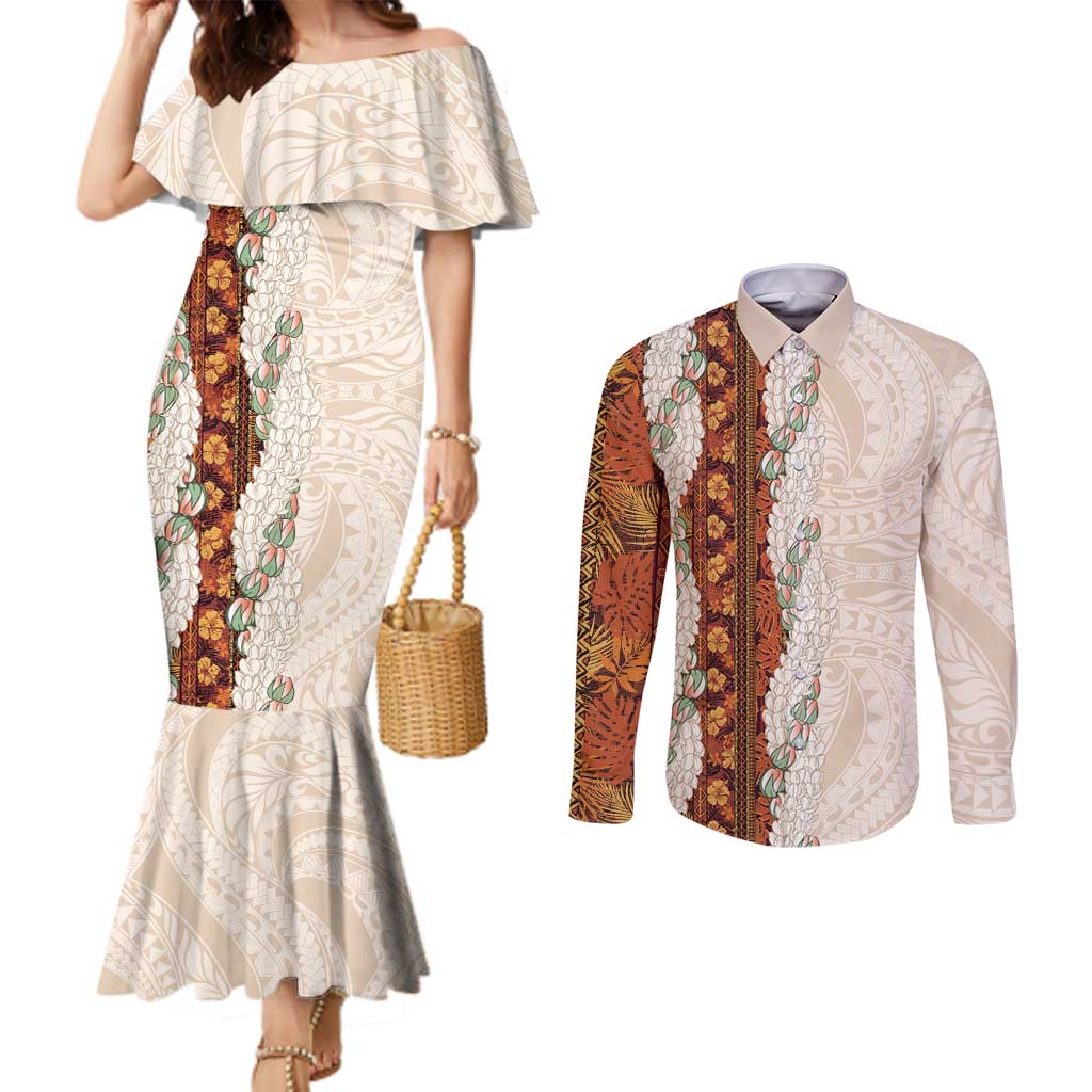 Aloha Hawaii Mikioi Lei Couples Matching Mermaid Dress and Long Sleeve Button Shirt Cattail Red Tropical Flower Pattern - Polynesian Pride