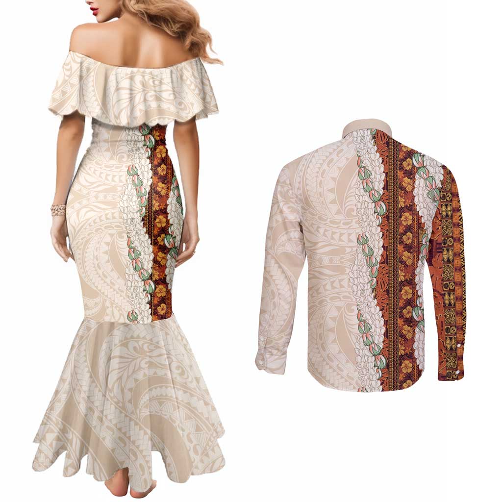 Aloha Hawaii Mikioi Lei Couples Matching Mermaid Dress and Long Sleeve Button Shirt Cattail Red Tropical Flower Pattern - Polynesian Pride