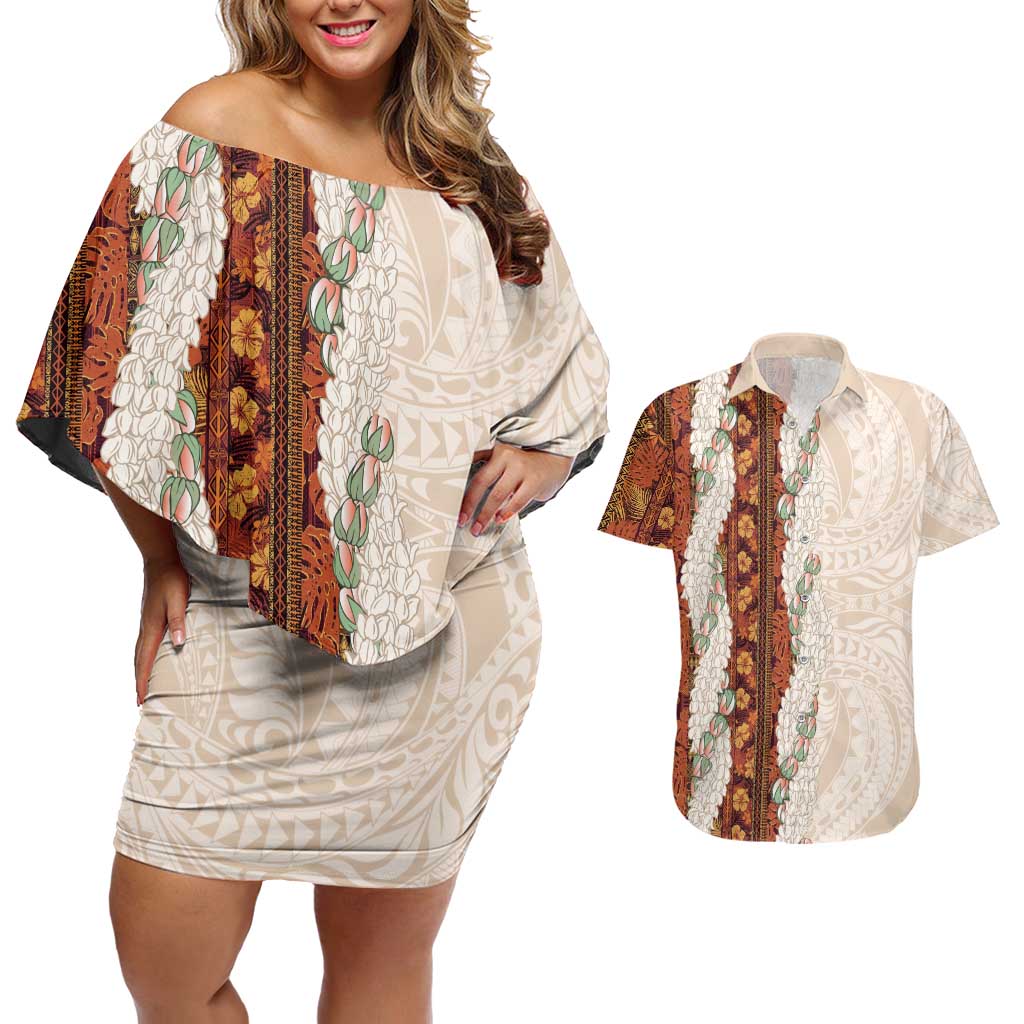 Aloha Hawaii Mikioi Lei Couples Matching Off Shoulder Short Dress and Hawaiian Shirt Cattail Red Tropical Flower Pattern - Polynesian Pride