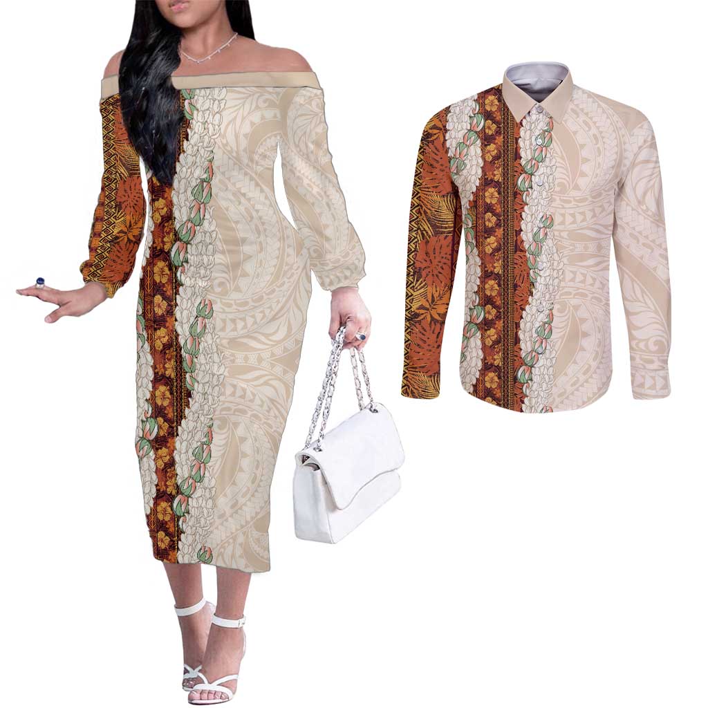 Aloha Hawaii Mikioi Lei Couples Matching Off The Shoulder Long Sleeve Dress and Long Sleeve Button Shirt Cattail Red Tropical Flower Pattern - Polynesian Pride