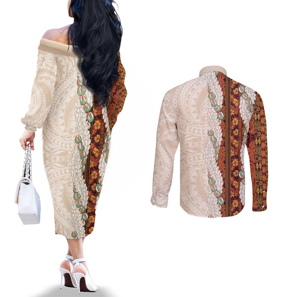 Aloha Hawaii Mikioi Lei Couples Matching Off The Shoulder Long Sleeve Dress and Long Sleeve Button Shirt Cattail Red Tropical Flower Pattern - Polynesian Pride