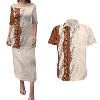 Aloha Hawaii Mikioi Lei Couples Matching Puletasi and Hawaiian Shirt Cattail Red Tropical Flower Pattern - Polynesian Pride
