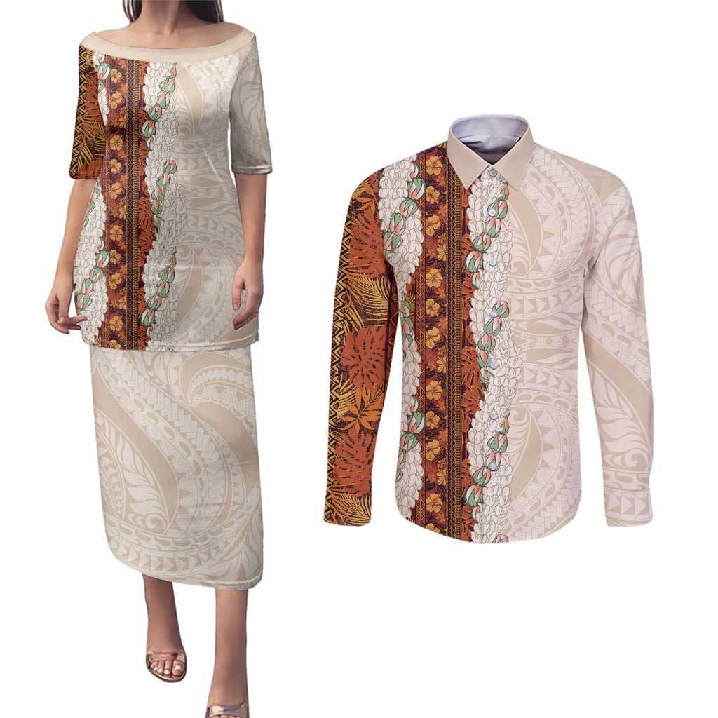 Aloha Hawaii Mikioi Lei Couples Matching Puletasi and Long Sleeve Button Shirt Cattail Red Tropical Flower Pattern - Polynesian Pride