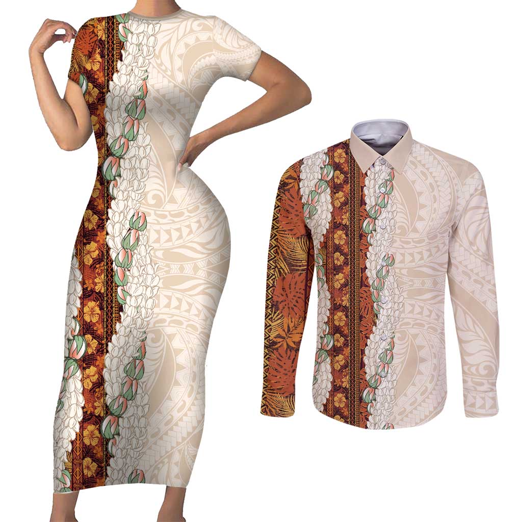 Aloha Hawaii Mikioi Lei Couples Matching Short Sleeve Bodycon Dress and Long Sleeve Button Shirt Cattail Red Tropical Flower Pattern - Polynesian Pride
