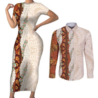 Aloha Hawaii Mikioi Lei Couples Matching Short Sleeve Bodycon Dress and Long Sleeve Button Shirt Cattail Red Tropical Flower Pattern - Polynesian Pride