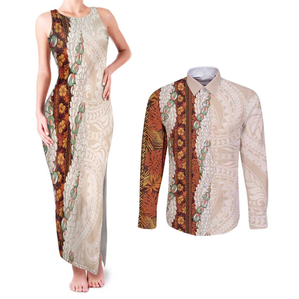 Aloha Hawaii Mikioi Lei Couples Matching Tank Maxi Dress and Long Sleeve Button Shirt Cattail Red Tropical Flower Pattern - Polynesian Pride