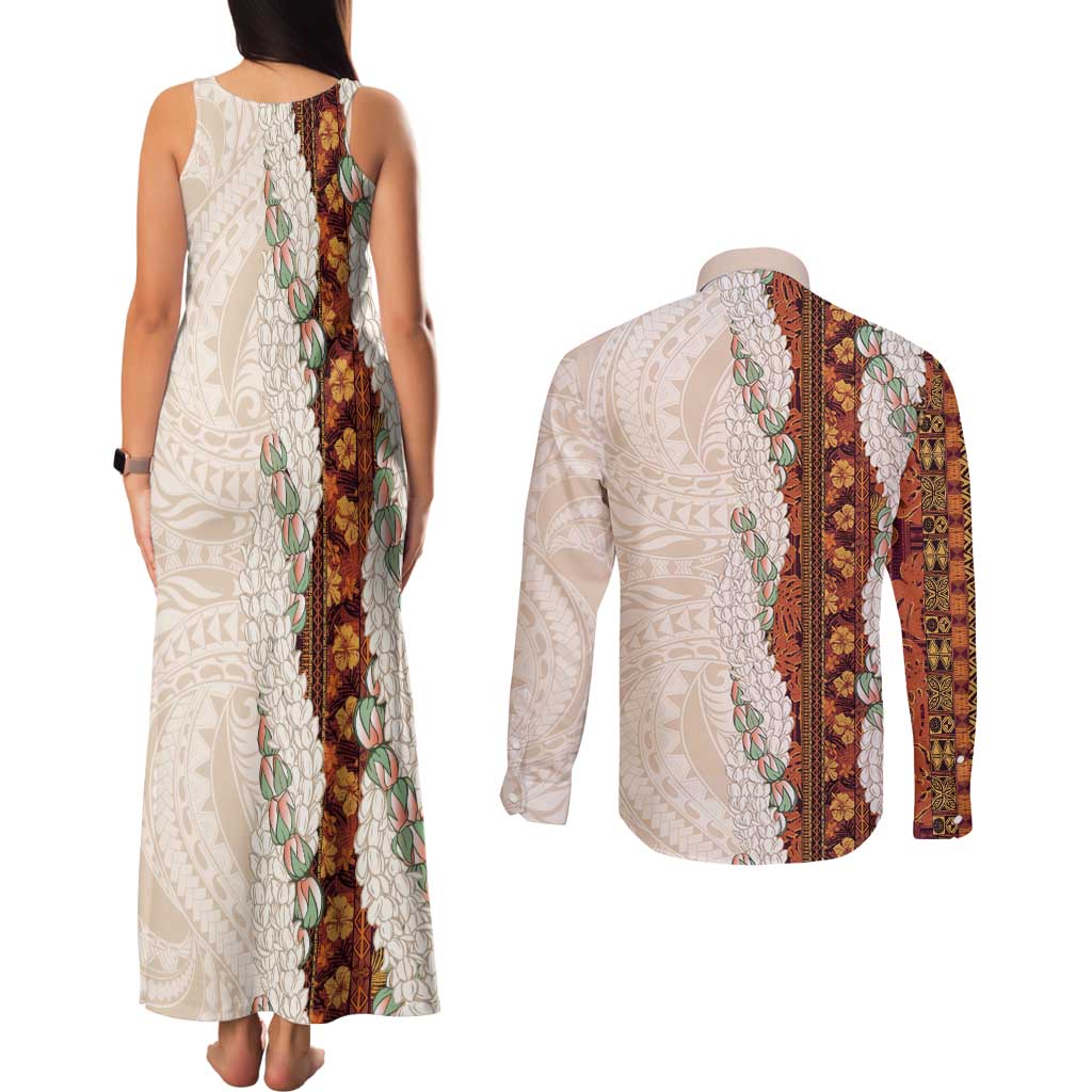 Aloha Hawaii Mikioi Lei Couples Matching Tank Maxi Dress and Long Sleeve Button Shirt Cattail Red Tropical Flower Pattern - Polynesian Pride