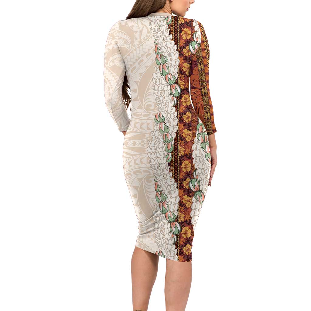 Aloha Hawaii Mikioi Lei Family Matching Long Sleeve Bodycon Dress and Hawaiian Shirt Cattail Red Tropical Flower Pattern - Polynesian Pride