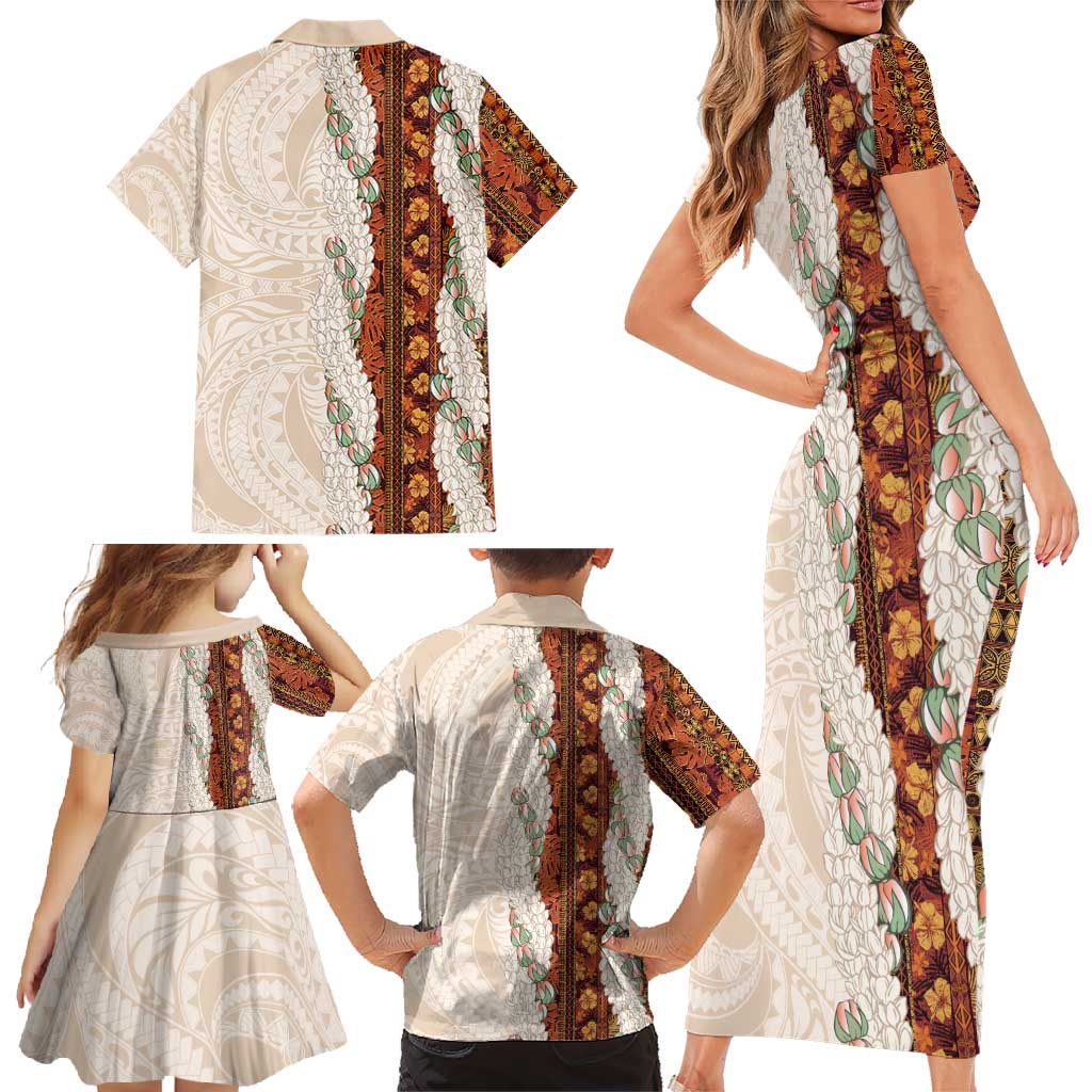 Aloha Hawaii Mikioi Lei Family Matching Short Sleeve Bodycon Dress and Hawaiian Shirt Cattail Red Tropical Flower Pattern - Polynesian Pride