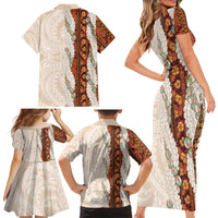 Aloha Hawaii Mikioi Lei Family Matching Short Sleeve Bodycon Dress and Hawaiian Shirt Cattail Red Tropical Flower Pattern - Polynesian Pride