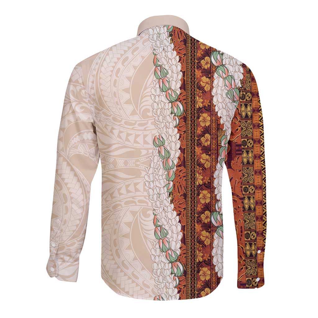 Aloha Hawaii Mikioi Lei Long Sleeve Button Shirt Cattail Red Tropical Flower Pattern - Polynesian Pride