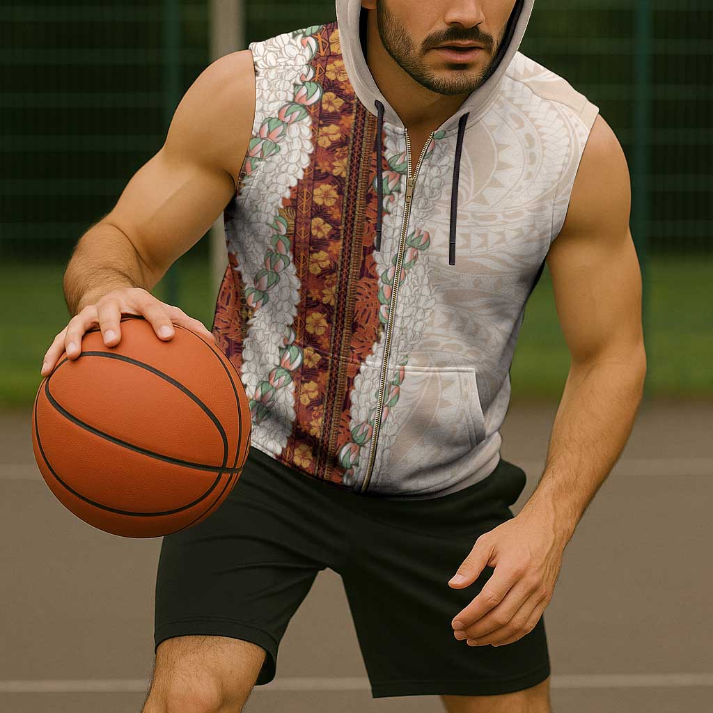 Aloha Hawaii Mikioi Lei Sleeveless Zip Hoodie Cattail Red Tropical Flower Pattern - Polynesian Pride