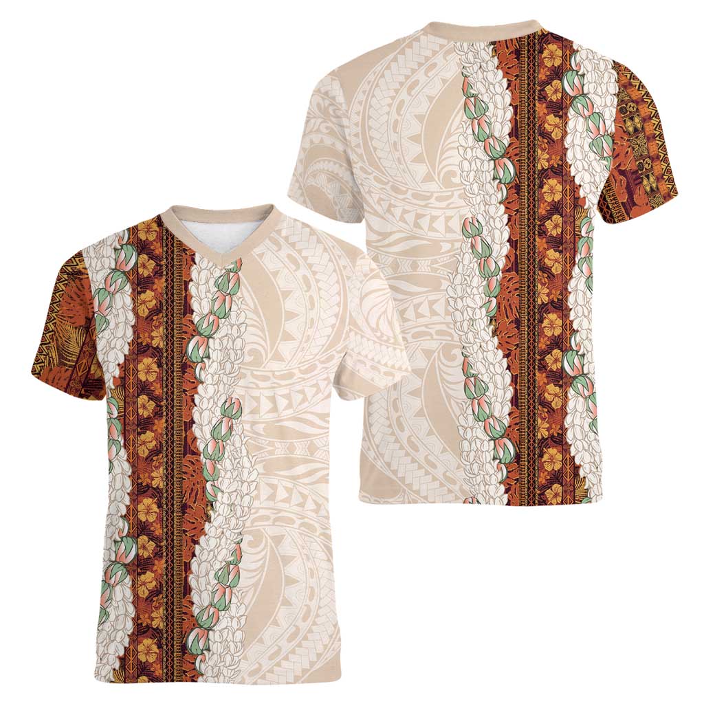 Aloha Hawaii Mikioi Lei Women V-Neck T-Shirt Cattail Red Tropical Flower Pattern - Polynesian Pride