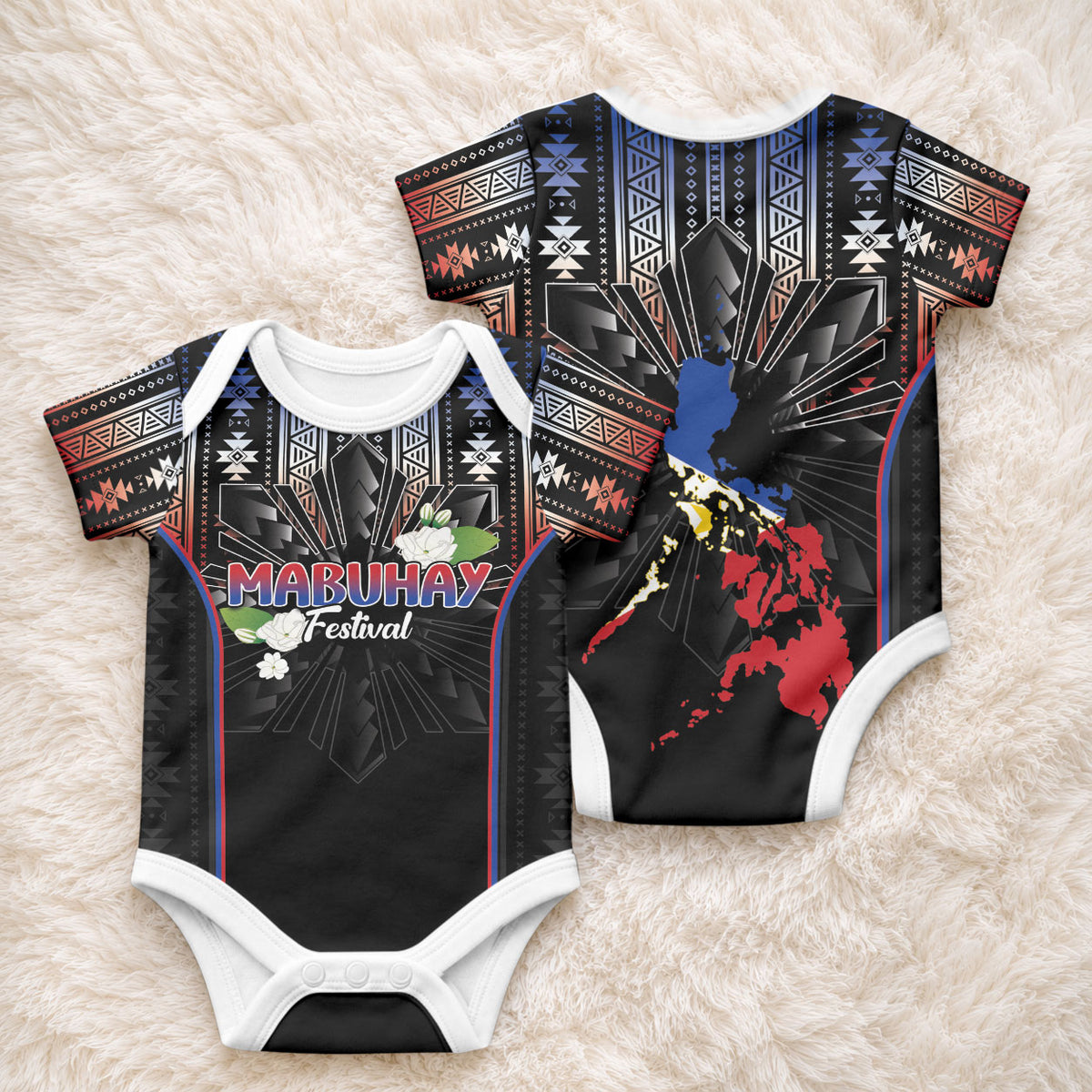 Mabuhay Philippines Festival Baby Onesie Filipino Map Sampaguita Igorot Pattern
