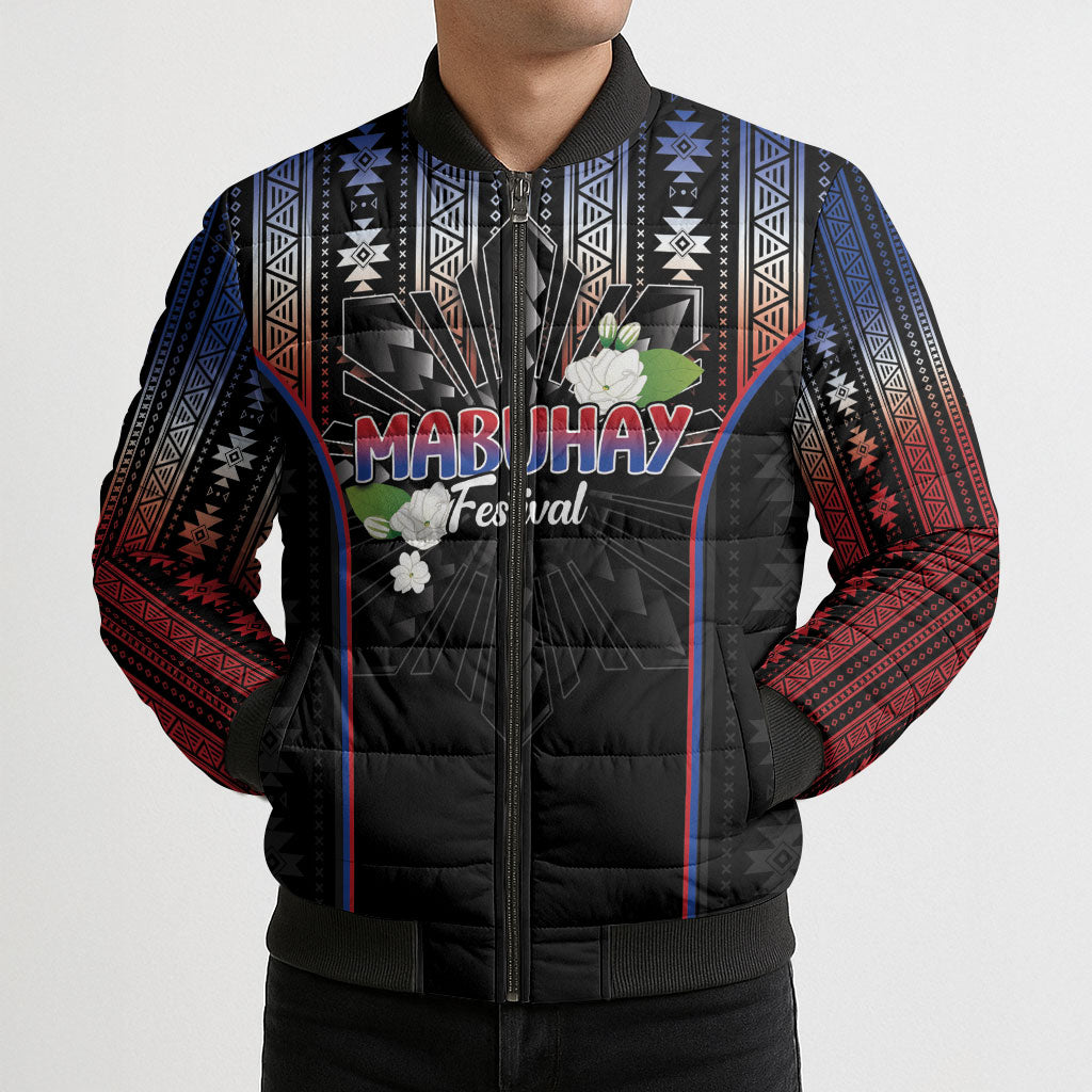 Mabuhay Philippines Festival Bomber Puffer Jacket Filipino Map Sampaguita Igorot Pattern