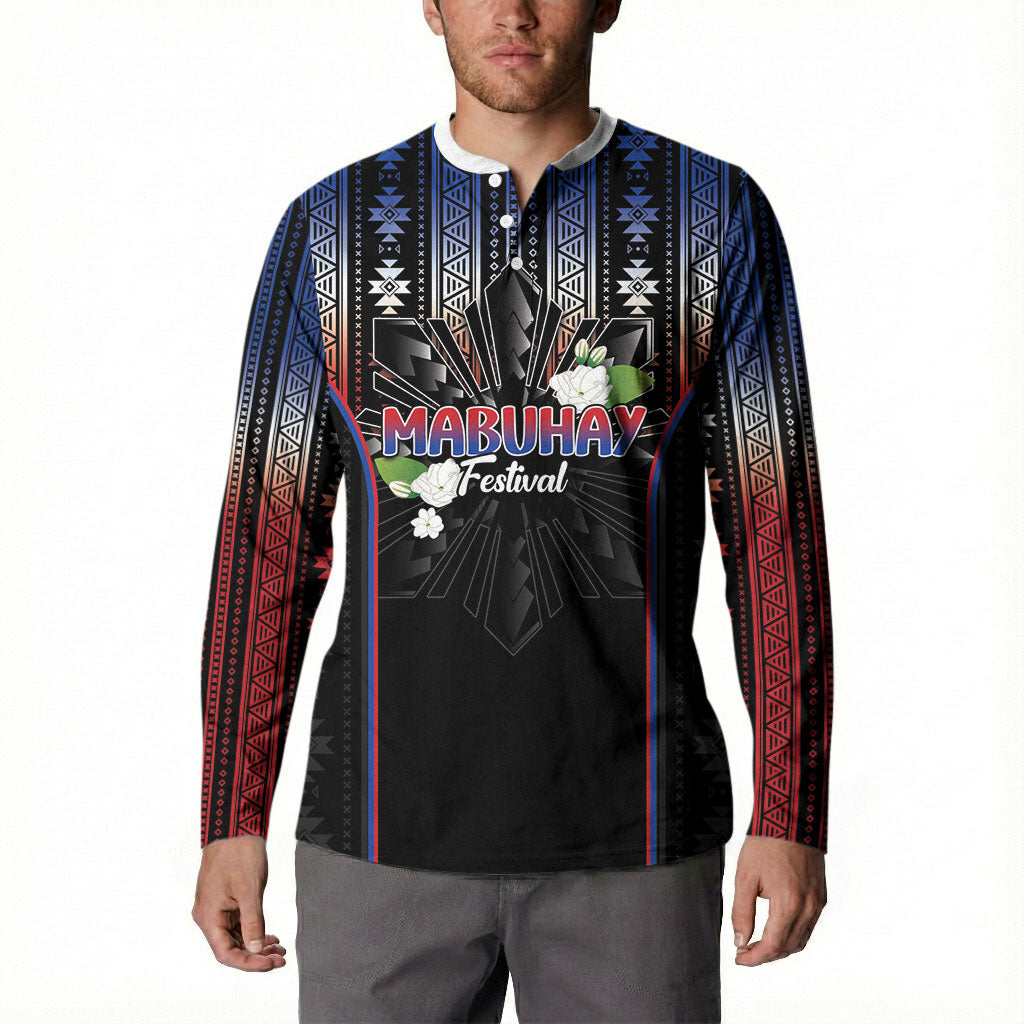 Mabuhay Philippines Festival Button Sweatshirt Filipino Map Sampaguita Igorot Pattern