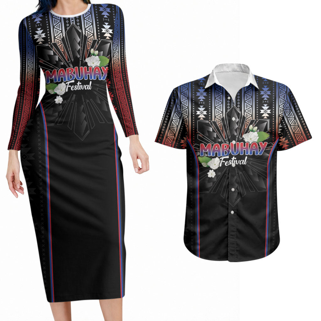 Mabuhay Philippines Festival Couples Matching Long Sleeve Bodycon Dress and Hawaiian Shirt Filipino Map Sampaguita Igorot Pattern