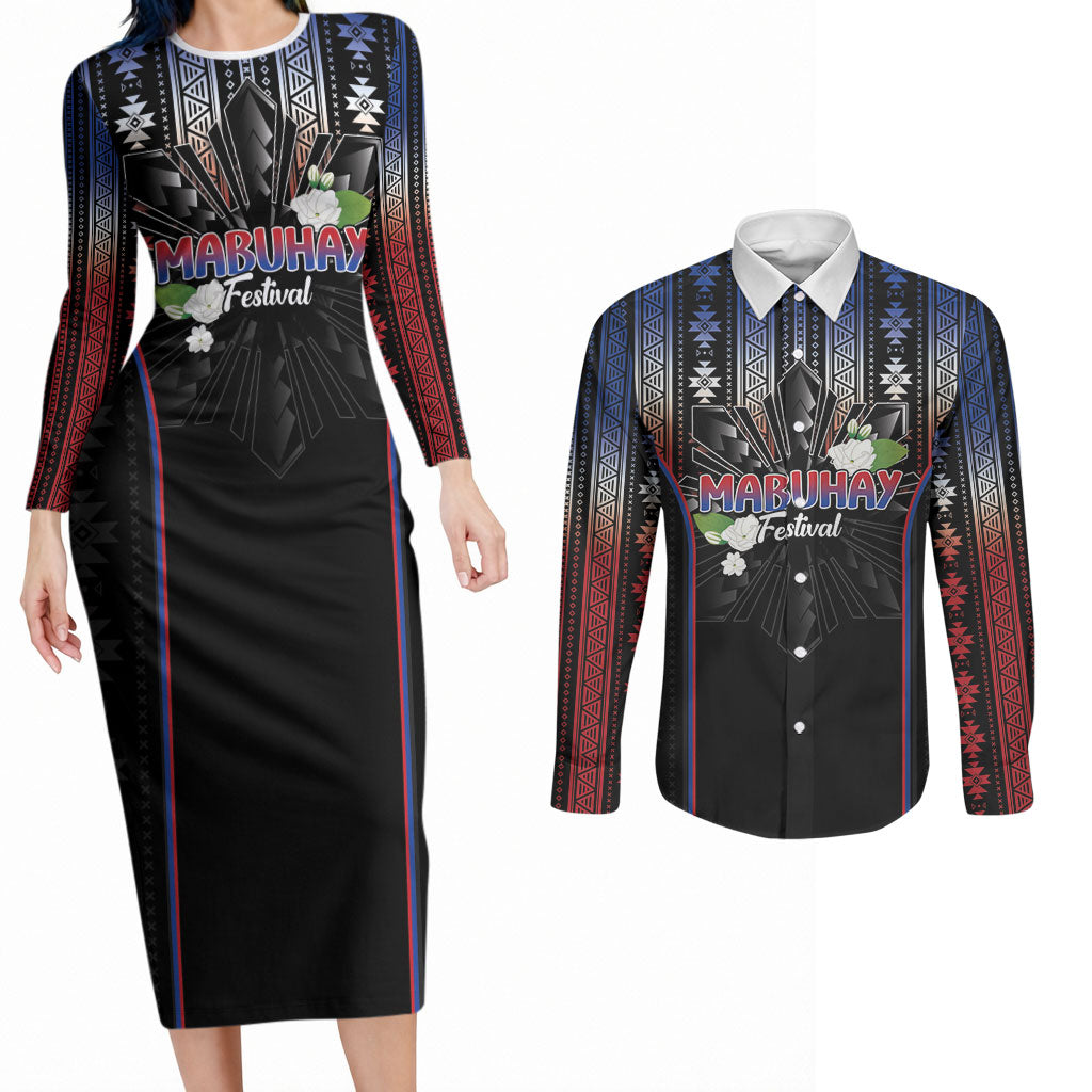 Mabuhay Philippines Festival Couples Matching Long Sleeve Bodycon Dress and Long Sleeve Button Shirt Filipino Map Sampaguita Igorot Pattern