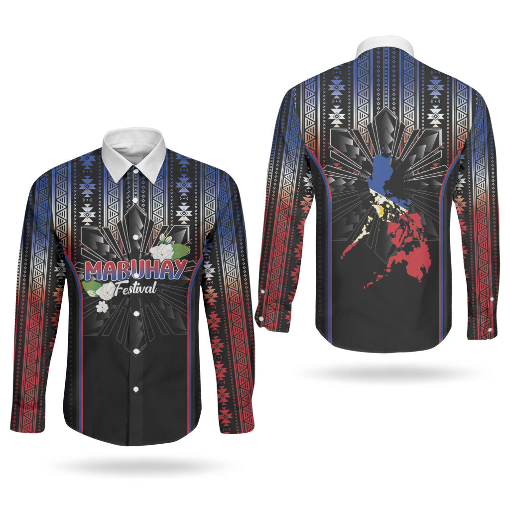 Mabuhay Philippines Festival Couples Matching Long Sleeve Bodycon Dress and Long Sleeve Button Shirt Filipino Map Sampaguita Igorot Pattern