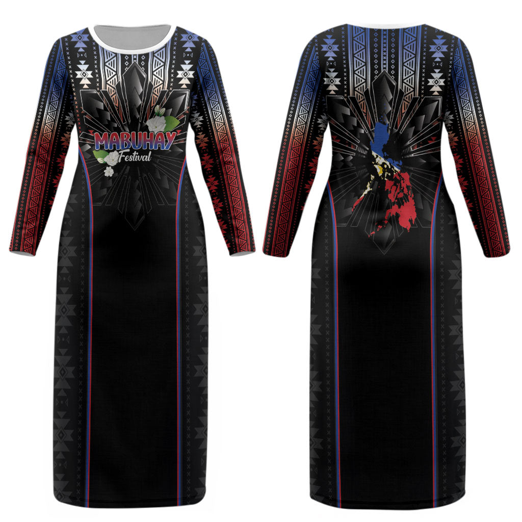 Mabuhay Philippines Festival Couples Matching Long Sleeve Bodycon Dress and Long Sleeve Button Shirt Filipino Map Sampaguita Igorot Pattern