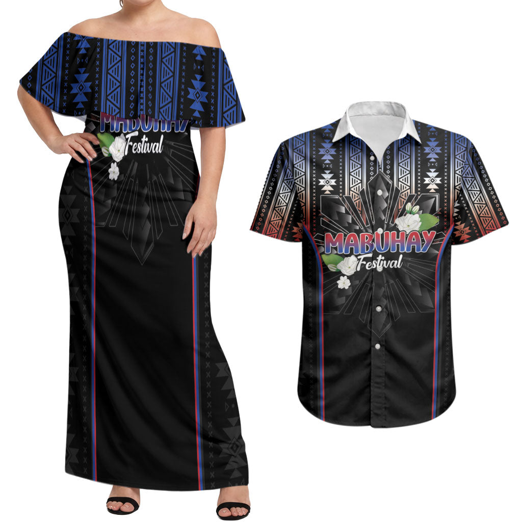 Mabuhay Philippines Festival Couples Matching Off Shoulder Maxi Dress and Hawaiian Shirt Filipino Map Sampaguita Igorot Pattern