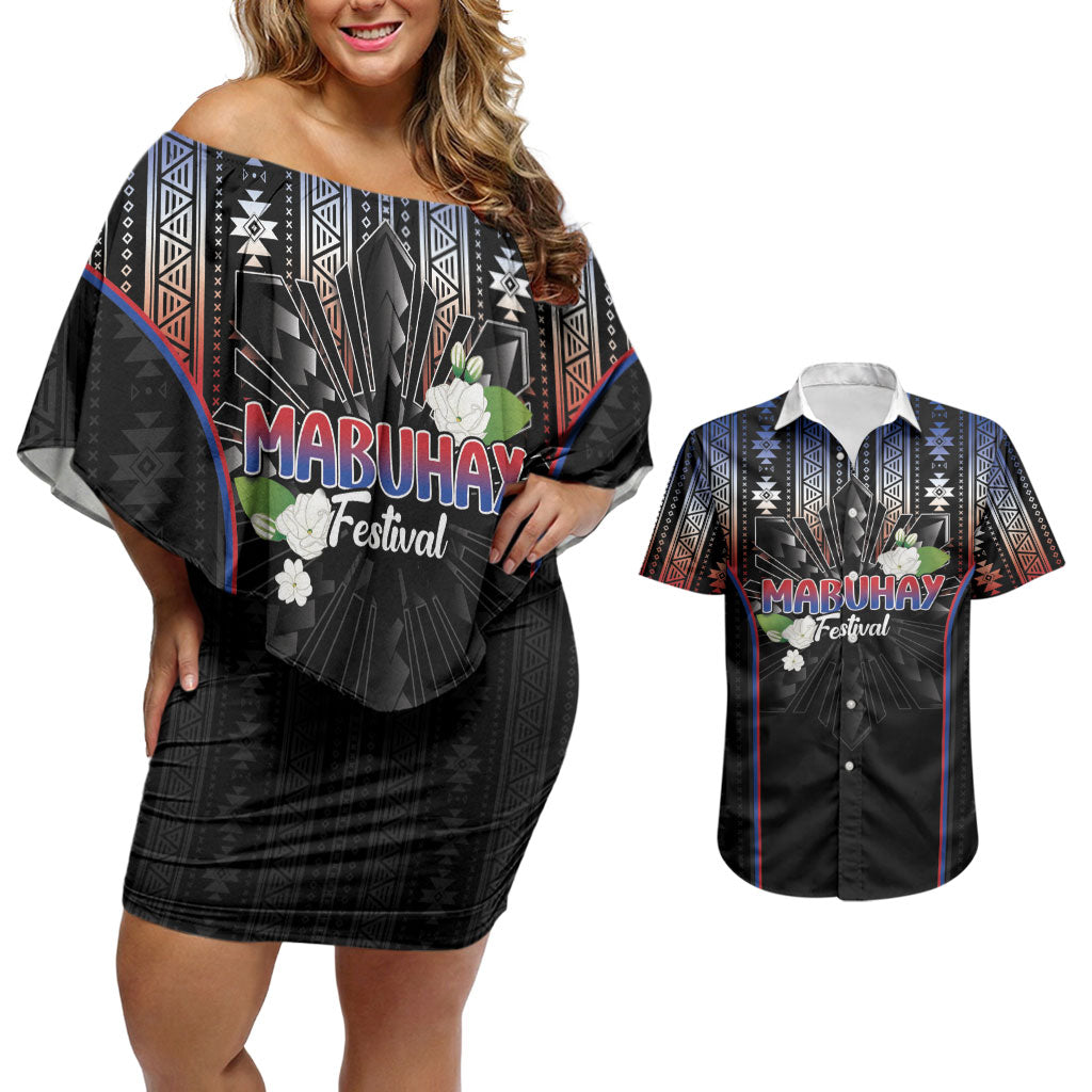 Mabuhay Philippines Festival Couples Matching Off Shoulder Short Dress and Hawaiian Shirt Filipino Map Sampaguita Igorot Pattern
