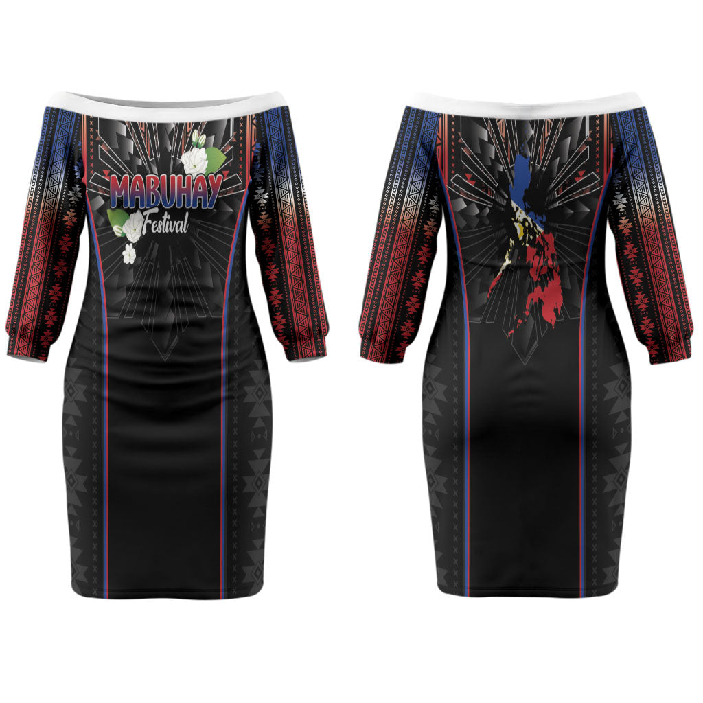 Mabuhay Philippines Festival Couples Matching Off The Shoulder Long Sleeve Dress and Hawaiian Shirt Filipino Map Sampaguita Igorot Pattern